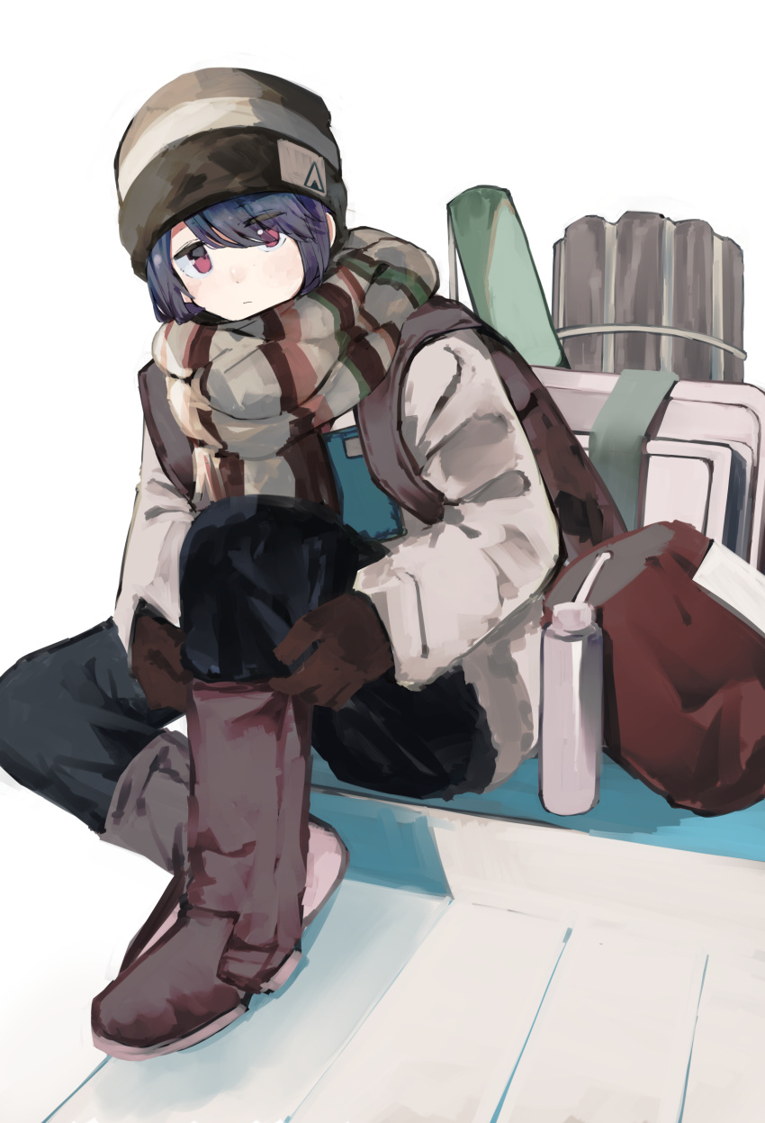 1girl absurdres backpack bag bangs beanie blue_hair boots bottle closed_mouth entrance folding_table gloves hair_over_one_eye hat highres jacket leadin_the_sky looking_at_viewer mattress multicolored_clothes multicolored_scarf pants purple_eyes putting_on_shoes scarf shima_rin sitting sleeping_bag solo table tent white_background wooden_floor yurucamp