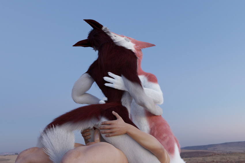 3d_(artwork) anal anal_penetration anthro anus blender_(software) blender_cycles cunnilingus digital_media_(artwork) facesitting female female/female feral french_kissing fur genitals group group_sex hair hi_res human human_on_anthro humanoid interspecies kissing male male/female mammal oral penetration penis racf92 rendered sergal sex sitting_on_another sunset threesome trio vaginal
