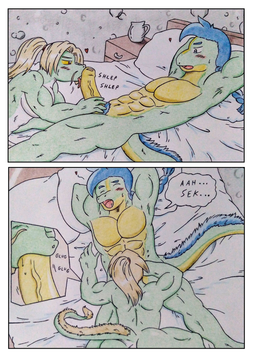 abs absurd_res anthro back_muscles barazoku bed bedroom biceps big_pecs blonde_hair blue_eyes blue_hair blush blush_lines bodily_fluids border comfortable comic comic_panel dashthefox dialogue dinosaur dragon dromaeosaurid duo eastern_dragon erection eyes_closed facial_hair fellatio foreskin fu_manchu furniture genitals goatee green_body hair hands_behind_head hi_res licking male male/male manly medieval medieval_fantasy moobs muscular muscular_anthro muscular_legs muscular_male narrowed_eyes nude nude_male obliques onomatopoeia open_mouth oral pecs penile penis penis_lick ponytail pubes red_eyes reptile scalie sek-raktaa sex sound_effects speech_bubble sweat sweatdrop tail teeth text theropod tied_hair tongue tongue_out traditional_media_(artwork) vein veiny_penis velociraptor white_border yellow_penis yellow_sclera