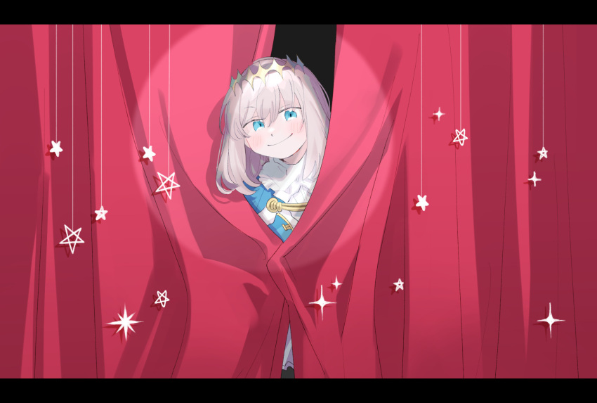 1boy blue_cape blue_eyes blush cape diamond_hairband dot_nose fate/grand_order fate_(series) grey_hair hair_between_eyes hanging_light highres letterboxed looking_at_viewer male_focus medium_hair oberon_(fate) oneroom-disco red_curtains shirt smile spotlight star_(symbol) theater white_shirt