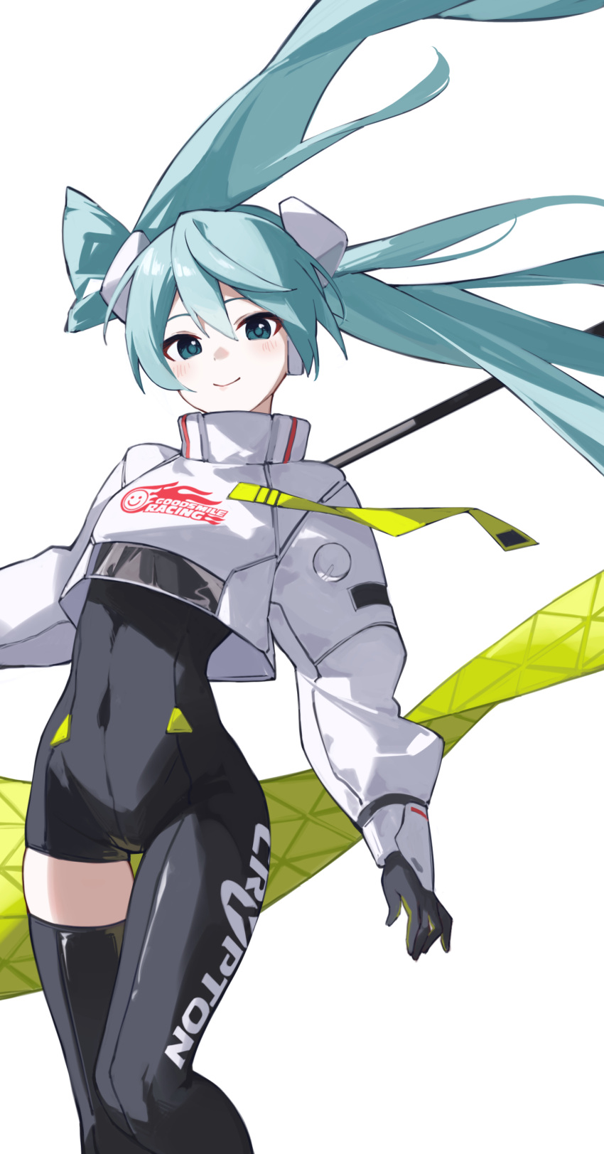 1girl absurdres aqua_eyes aqua_hair asymmetrical_bodysuit black_bodysuit bodysuit boots closed_mouth covered_navel cropped_jacket feet_out_of_frame flag flagpole flame_print floating_hair gloves goodsmile_racing green_flag hair_between_eyes hatsune_miku highres holding holding_flag holding_pole jacket leaning_back long_hair long_sleeves looking_at_viewer pole race_queen racing_miku racing_miku_(2022) rakugaki_ningen simple_background single_leg_bodysuit single_thigh_boot smile smiley_face solo text_print thigh_boots thigh_gap twintails two-tone_gloves very_long_hair vocaloid white_background white_jacket wind