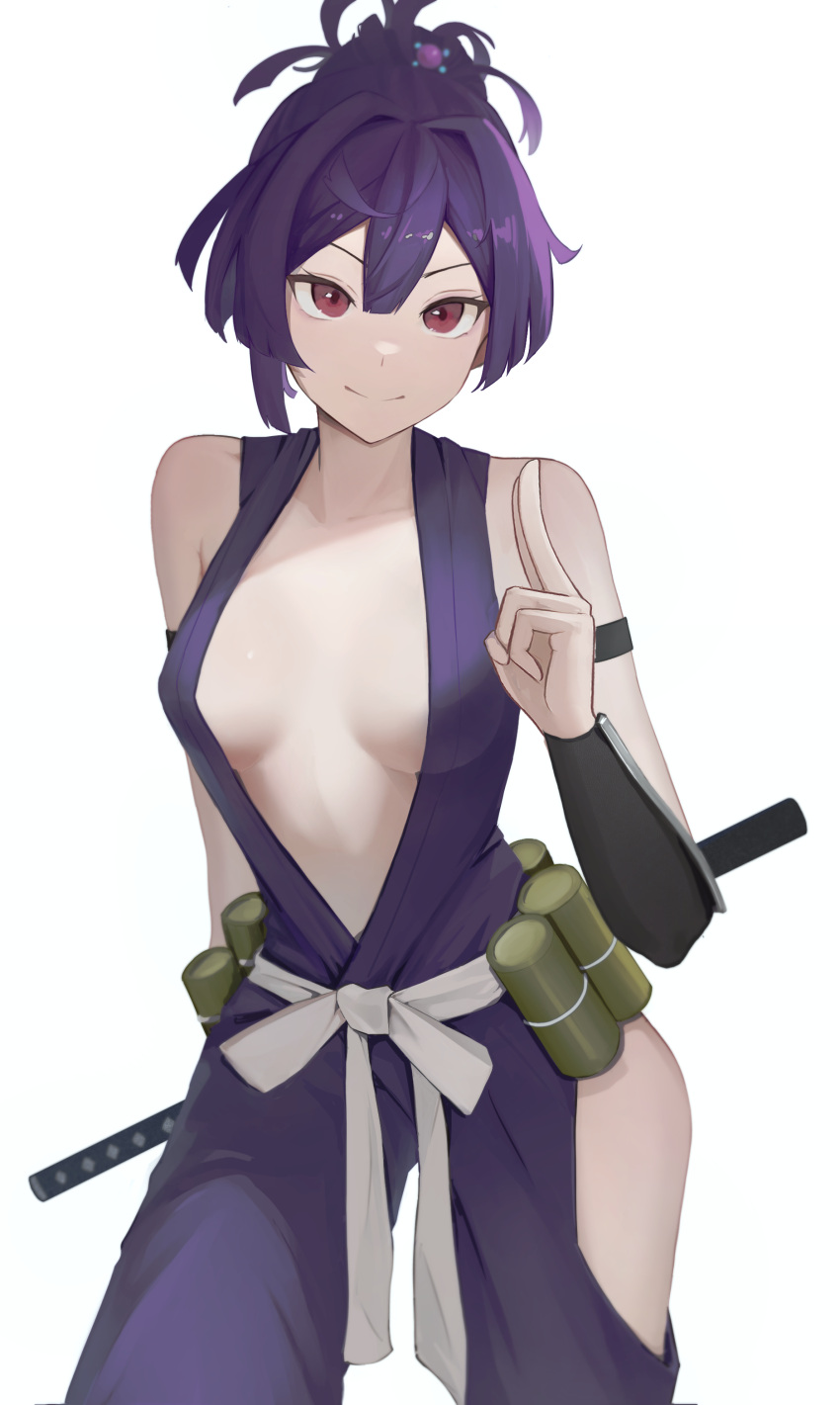 1girl absurdres bare_shoulders black_armband breasts center_opening closed_mouth commentary cowboy_shot gmi_(jimmyovob) hand_up highres hip_vent japanese_clothes jigokuraku kimono kuji-in looking_at_viewer purple_hair purple_kimono red_eyes sash short_hair short_sword simple_background small_breasts smile solo sword topknot weapon white_background white_sash wrist_guards yuzuriha_(jigokuraku)