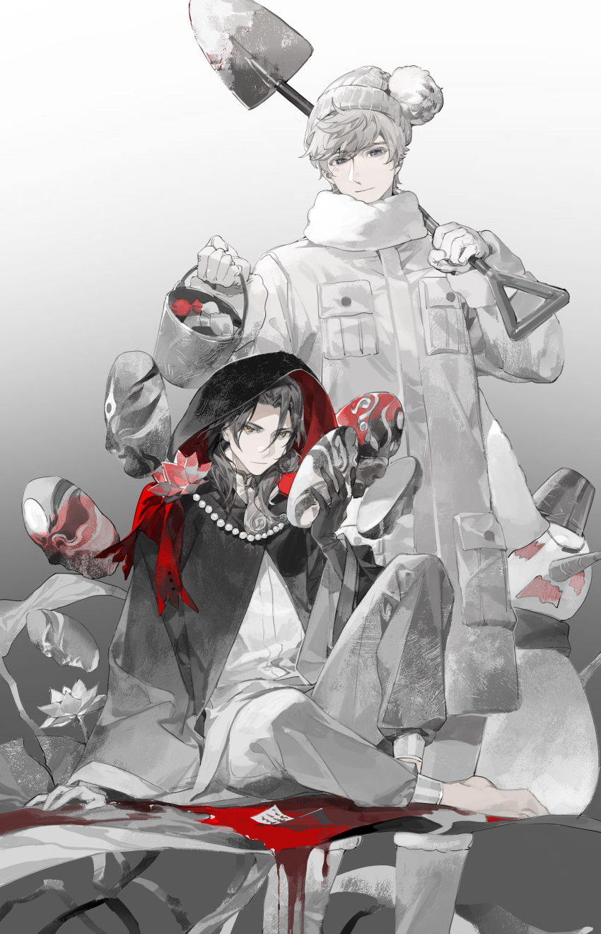 2boys absurdres axis_powers_hetalia bangs barefoot bead_bracelet beads beanie black_gloves black_hair bleeding blood boots bracelet bucket carrot china_(hetalia) coat cuffs dripping etekuru floating floating_object flower fur-trimmed_boots fur_trim gloves grey_coat grey_hair grey_pants hair_between_eyes hair_bun hand_up hands_up hat highres holding holding_mask holding_shovel hooded_coat invisible_chair jewelry knee_up long_hair long_sleeves lotus male_focus mask mask_removed multiple_boys pants partially_colored pocket red_ribbon ribbon russia_(hetalia) scarf short_hair shovel single_glove single_side_bun sitting sitting_on_liquid smile snowman standing swept_bangs two-sided_fabric wading water white_gloves white_scarf yellow_eyes