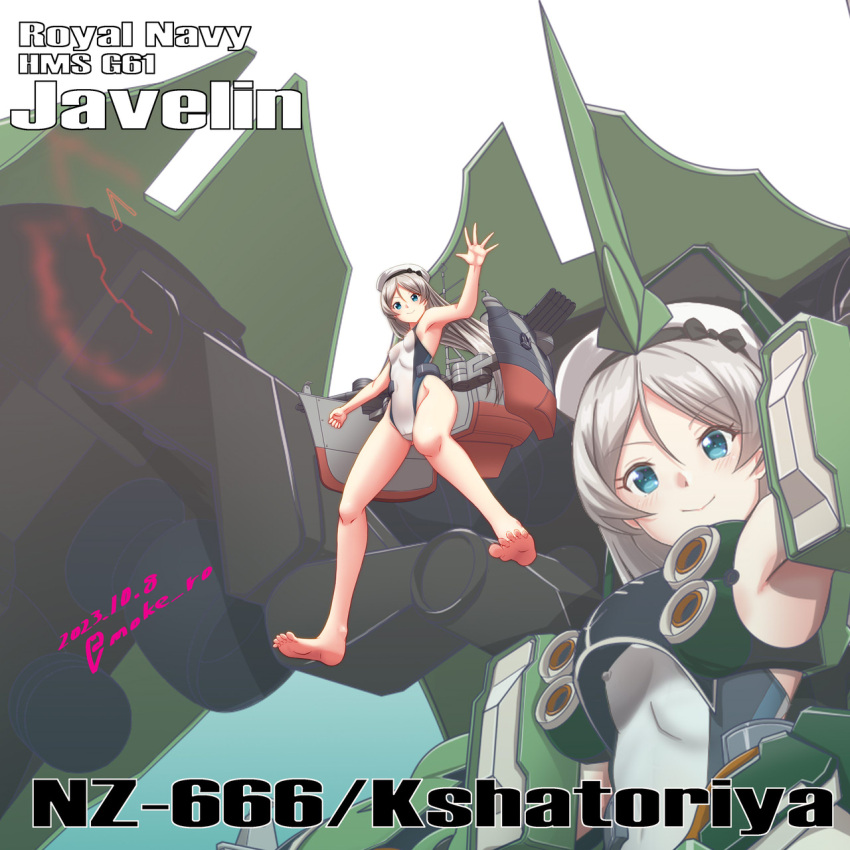 1girl beam_axe blue_eyes breasts competition_swimsuit dated from_below funnels_(gundam) grey_hair hat highleg highleg_swimsuit highres javelin_(kancolle) kantai_collection kshatriya long_hair looking_at_viewer machinery mecha_musume moke_ro one-piece_swimsuit pelvic_thrust sailor_hat simple_background small_breasts solo swimsuit twitter_username white_background white_headwear white_one-piece_swimsuit zoom_layer