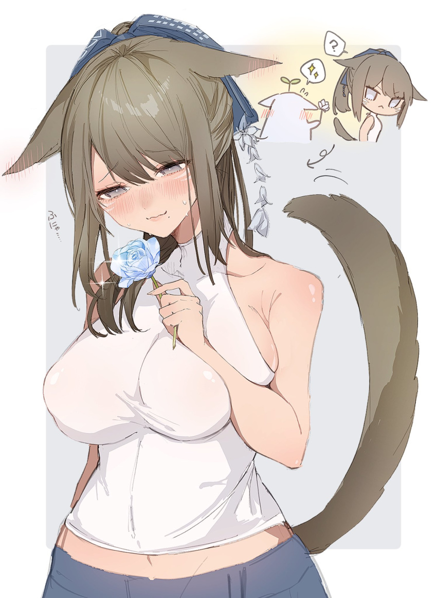 1girl animal_ears anoyo_(anoyode0) blue_flower blue_rose blush breasts brown_hair cat_ears cat_tail facial_mark final_fantasy final_fantasy_xiv flower grey_eyes halterneck highres large_breasts long_hair miqo'te rose sideboob solo tail whisker_markings