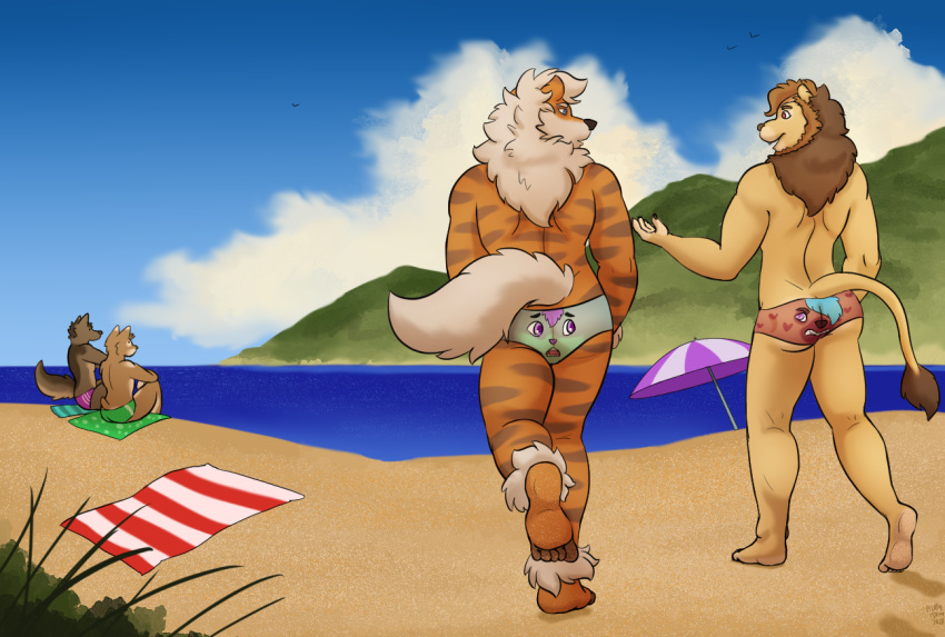 anthro arcanine beach canid canine canis domestic_dog duo felid forced forced_transformation generation_1_pokemon inanimate_transformation lion male male/male mammal mr.henderson nintendo pantherine pickles-hyena pokemon pokemon_(species) rear_view sea seaside speedo_transformation transformation walking water