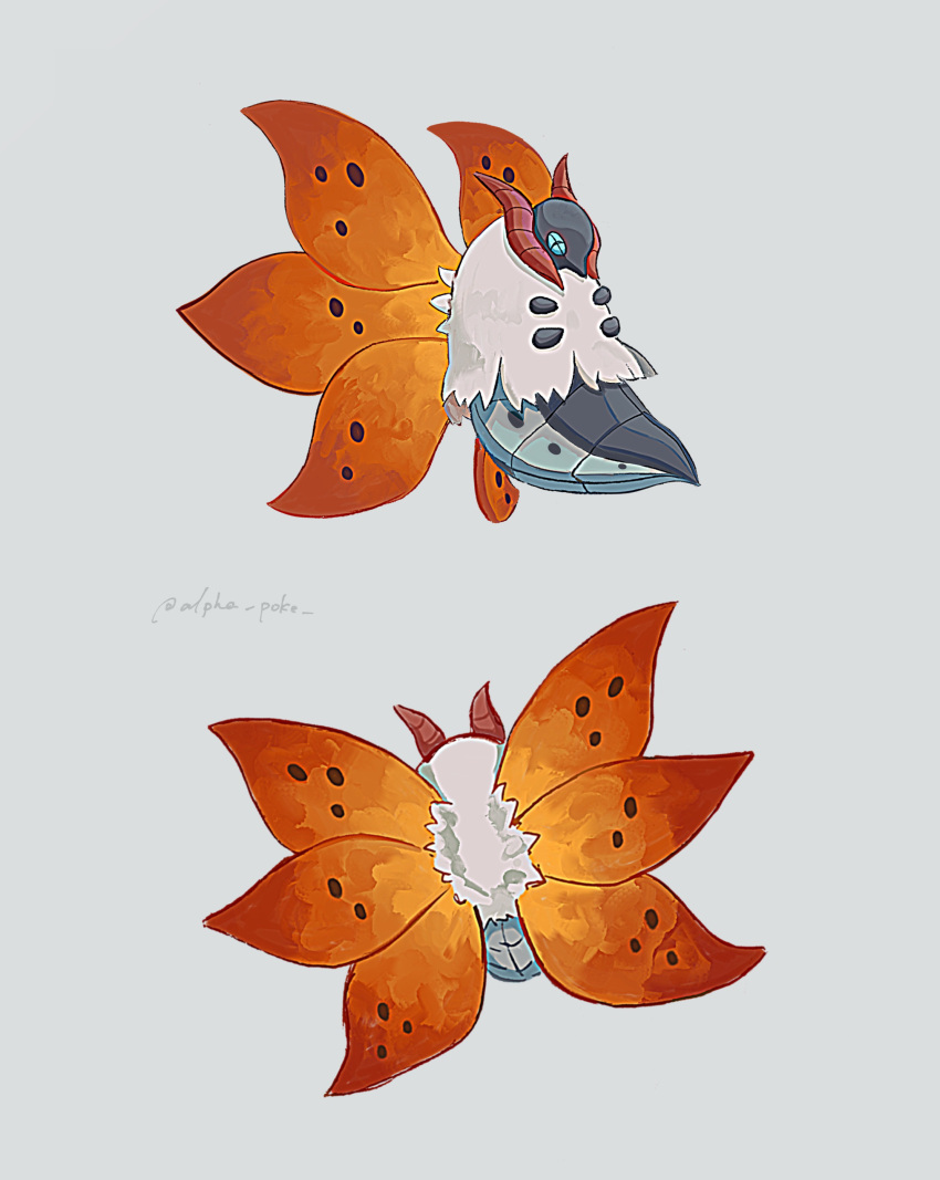 +_+ absurdres antennae blue_eyes commentary_request from_behind grey_background highres ivelovedsekaowa multiple_views no_humans orange_wings pokemon pokemon_(creature) simple_background solo twitter_username volcarona white_fur wings