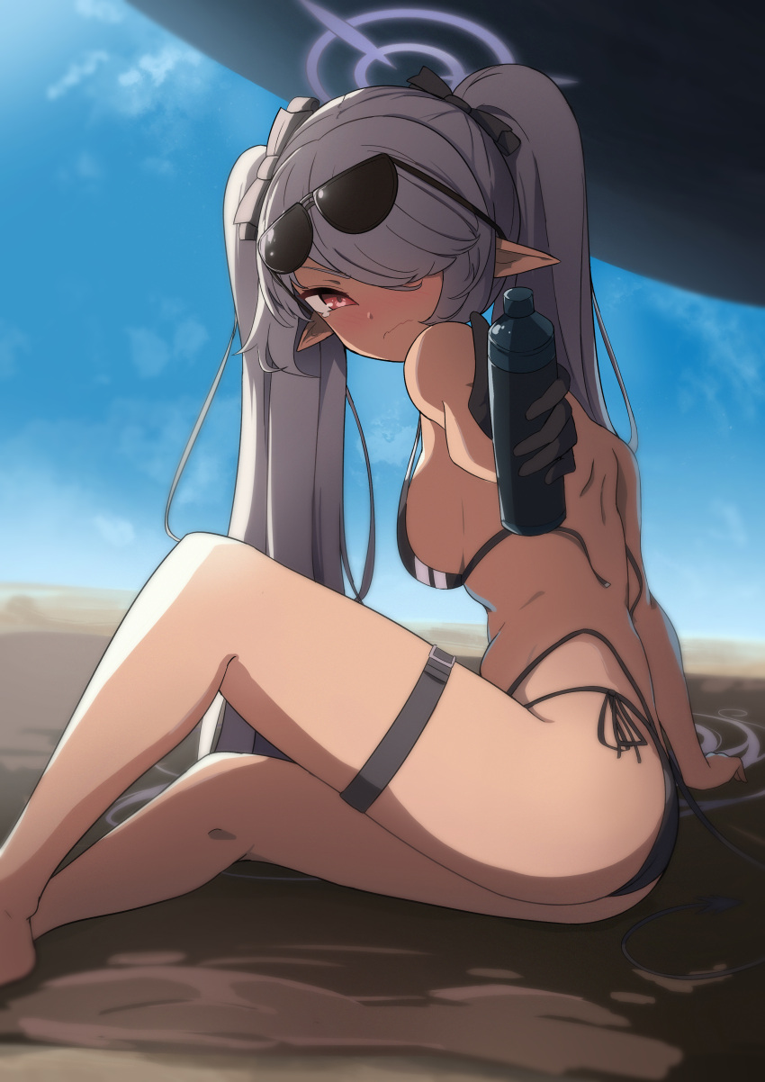 1girl absurdres ass bikini black_bikini black_gloves blue_archive blue_sky bottle bow breasts dark-skinned_female dark_skin day eyewear_on_head feet_out_of_frame frown gloves grey_hair hair_bow hair_over_one_eye halo highres holding holding_bottle iori_(blue_archive) iori_(swimsuit)_(blue_archive) kittenlochen legs long_hair looking_at_viewer medium_breasts outdoors outstretched_arm pointy_ears red_eyes sideboob sitting sky solo strap_gap sunglasses swimsuit tan thigh_strap thighs twintails untied_bikini very_long_hair wavy_mouth