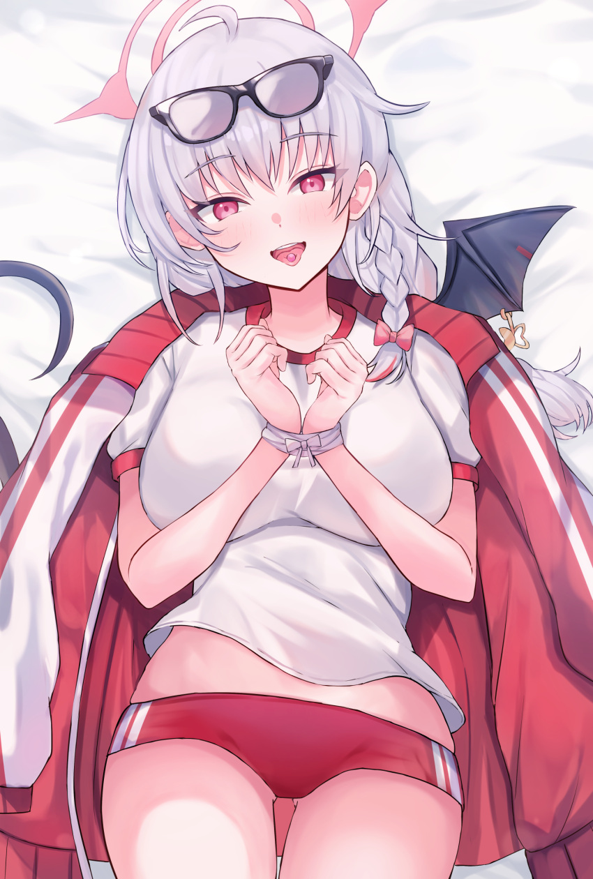 1girl black_tail black_wings blue_archive blush braid breasts buruma candy cowboy_shot eyewear_on_head fake_wings food grey_hair gym_shirt gym_uniform halo haruna_(blue_archive) haruna_(track)_(blue_archive) highres jacket large_breasts long_hair looking_at_viewer mi_taro333 official_alternate_costume open_mouth red_buruma red_eyes red_halo shirt short_sleeves side_braid single_wing smile solo tongue tongue_out track_jacket white_shirt wings