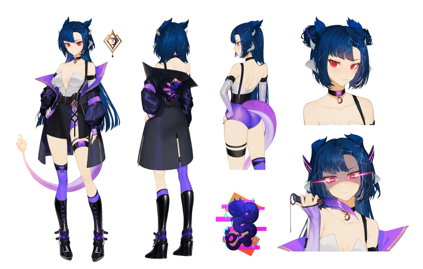 1girl absurdres ass blue_hair boots breasts choker collarbone dagger double_bun dragon dragon_girl dragon_horns dragon_tail eastern_dragon hair_bun hand_on_own_hip high_heel_boots high_heels highres holding holding_dagger holding_knife holding_weapon horns indie_virtual_youtuber jin_grey_paladin knife looking_at_viewer medium_breasts multiple_views red_eyes reference_sheet shorts simple_background tail thigh_strap vienna_(vtuber) virtual_youtuber weapon white_background