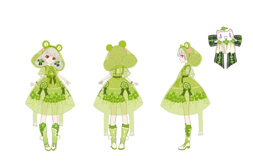 1girl :d absurdres animal_costume bare_arms bcy boots bow clover_hair_ornament clover_print collared_shirt dress dress_bow flower_bracelet frog_costume frog_hair_ornament frog_raincoat full_body green_bow green_dress green_footwear grey_hair hair_ornament highres hood hood_up huhu knee_boots low_twintails multiple_views overall_skirt red_eyes reference_sheet ruan_miemie rubber_boots shirt short_dress short_sleeves smile standing transparent_raincoat turnaround twintails white_background white_shirt xialuo_yingling