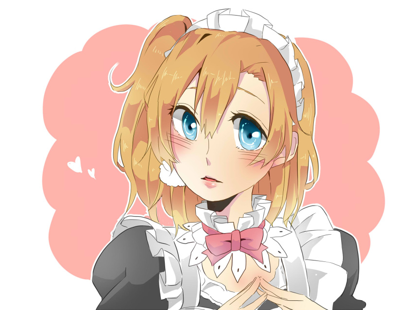 1girl blue_eyes blush bow bowtie commentary_request hair_between_eyes heart highres kashikaze kousaka_honoka long_hair looking_at_viewer love_live! love_live!_school_idol_project maid maid_headdress medium_hair one_side_up orange_hair outline parted_lips pink_background pink_bow pink_bowtie puffy_sleeves sidelocks solo steepled_fingers upper_body white_outline