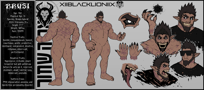 1boy absurdres ass bara beard black_sclera brusi_(iixblacklionxii) colored_sclera completely_nude crazy_smile dark-skinned_male dark_skin demon_boy expressions facial_hair feet_out_of_frame full_body glowing glowing_eyes grin highres iixblacklionxii large_hands large_pectorals long_tongue looking_at_viewer male_focus mature_male muscular muscular_male nipples no_genitals nude original pectorals pointy_ears reference_sheet scar scar_on_arm scar_on_chest short_hair sideburns smile standing stomach strongman_waist sunglasses thick_eyebrows tongue towel towel_around_neck umbrakinesis yellow_eyes