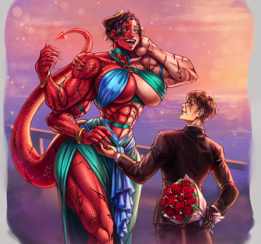 1boy 1girl abs absurdres demon_girl demon_horns demon_tail extra_arms extra_pupils ezma formal highres horns mismatched_pupils mismatched_sclera multiple_scars muscular muscular_female original owlkii red_scales red_tail scar suit tail tall tall_female