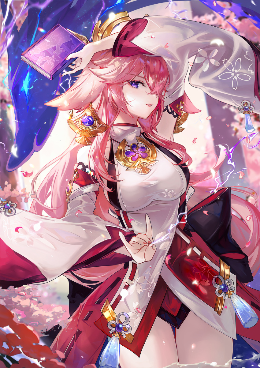 1girl absurdres animal_ears arm_up armpit_peek book breasts cherry_blossoms detached_sleeves fox_ears fox_shadow_puppet genshin_impact gold_trim hair_ornament highres holding holding_book long_hair looking_at_viewer nail_polish nontraditional_miko one_eye_covered pink_hair pink_nails purple_eyes sleeves_past_wrists solo thighs vardan yae_miko