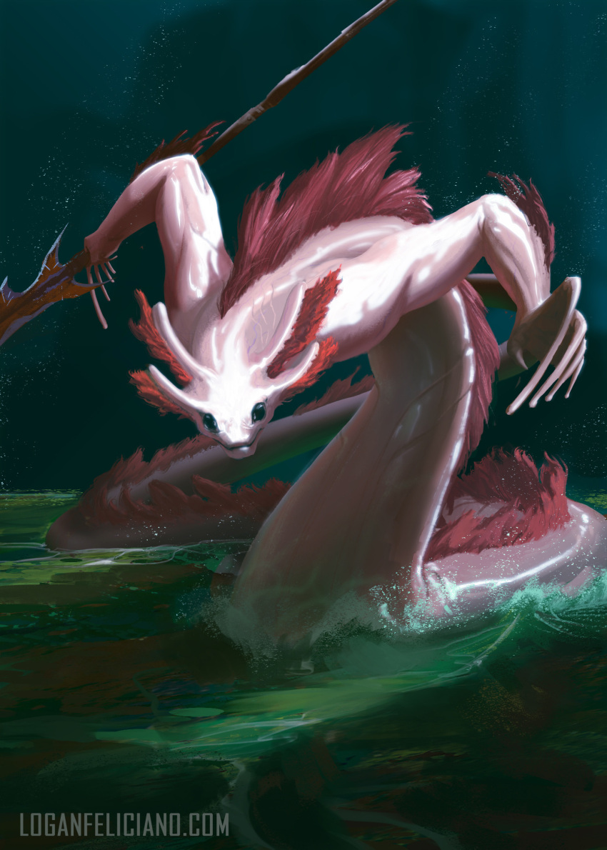 ambiguous_gender amphibian apode axolotl back_mane black_eyes draconcopode droplets elbow_fin fur head_gills hi_res legless logan_feliciano long_fingers looking_at_viewer marine melee_weapon mole_salamander moving_towards_viewer muscular partially_submerged pink_body pink_fur pink_skin polearm salamander_(amphibian) serpentine shallow_water signature solo spear water wave weapon