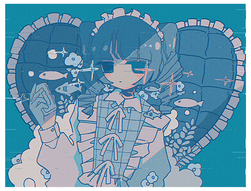 1girl anemone_(flower) bar_soap blue_background blue_eyes blue_hair border dot_mouth drill_hair fish flower frilled_pillow frilled_shirt frills glitch hand_up heart heart_pillow highres holding_soap jitome long_bangs long_hair long_sleeves looking_at_viewer no_pupils original pillow raised_eyebrows shadow shirt simple_background sleeve_cuffs solo sparkle sskitaco twin_drills upper_body white_border white_shirt