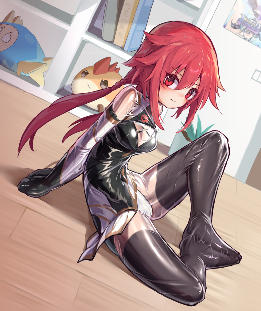 1girl absurdres adapted_costume arms_behind_back bdsm bodysuit book bookshelf bound bound_arms bound_legs choujigen_game_neptune commentary_request embarrassed highres indoors long_hair looking_at_viewer low_twintails monoglove neptune_(series) red_eyes red_hair shelf shiny_clothes skin_tight soles_together solo stuffed_toy tennouboshi_uzume twintails xiongmao