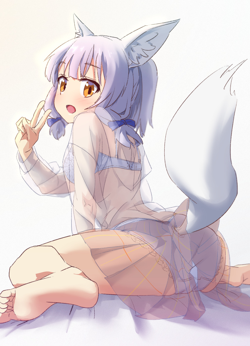 1girl absurdres animal_ear_fluff animal_ears arm_support ass back barefoot blue_bow blue_bra blue_hair blue_panties blunt_bangs blush bow bra brown_eyes brown_skirt casual commentary feet feet_out_of_frame foreshortening fox_ears fox_girl fox_tail from_behind hair_bow hand_up highres hood hood_down hoodie leaning_forward long_sleeves looking_at_viewer looking_back machikado_mazoku oekakiism open_mouth panties plaid plaid_skirt pleated_skirt riko_(machikado_mazoku) see-through see-through_hoodie see-through_skirt short_hair sidelocks simple_background sitting skirt soles solo tail tail_raised toes underwear v wariza white_background white_hoodie white_tail x-ray