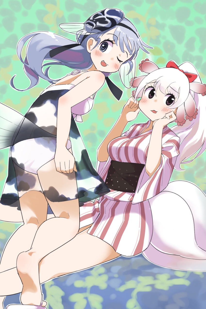 2girls absurdres adapted_costume bare_arms bare_shoulders barefoot bikini blue_eyes blush bow camouflage_dress fins fish_girl fish_tail grey_eyes grey_hair hair_bow highres iwa_(iwafish) japanese_clothes jinmen-gyo_(kemono_friends) kemono_friends kimono lizard_tail long_hair mask mask_on_head mexico_salamander_(kemono_friends) multicolored_hair multiple_girls one_eye_closed ponytail red_hair red_kimono reptile_girl sandals short_kimono striped striped_kimono swimsuit tail two-tone_kimono vertical-striped_kimono vertical_stripes white_bikini white_hair white_kimono
