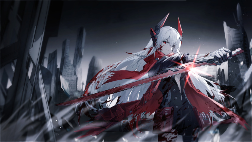 1girl absurdres alpha_(punishing:_gray_raven) bandaged_arm bandages bandaid bandaid_on_face black_jacket black_shirt black_thighhighs blood blood_in_hair blood_on_cheek blood_on_clothes blood_on_leg blood_on_weapon blood_stain building center_opening chinese_commentary commentary_request cowboy_shot gradient_jacket grey_eyes hair_over_one_eye headgear headphones heterochromia highres holding holding_sword holding_weapon huimao_baimao jacket long_hair looking_at_viewer lucia:_crimson_abyss_(punishing:_gray_raven) mechanical_hands open_clothes open_shirt punishing:_gray_raven red_eyes red_jacket reverse_grip ruins scabbard scarf sheath shirt single_thighhigh skyscraper solo sun_glare sword thigh_pouch thighhighs torn_clothes torn_jacket torn_scarf very_long_hair weapon white_hair zipper_pull_tab
