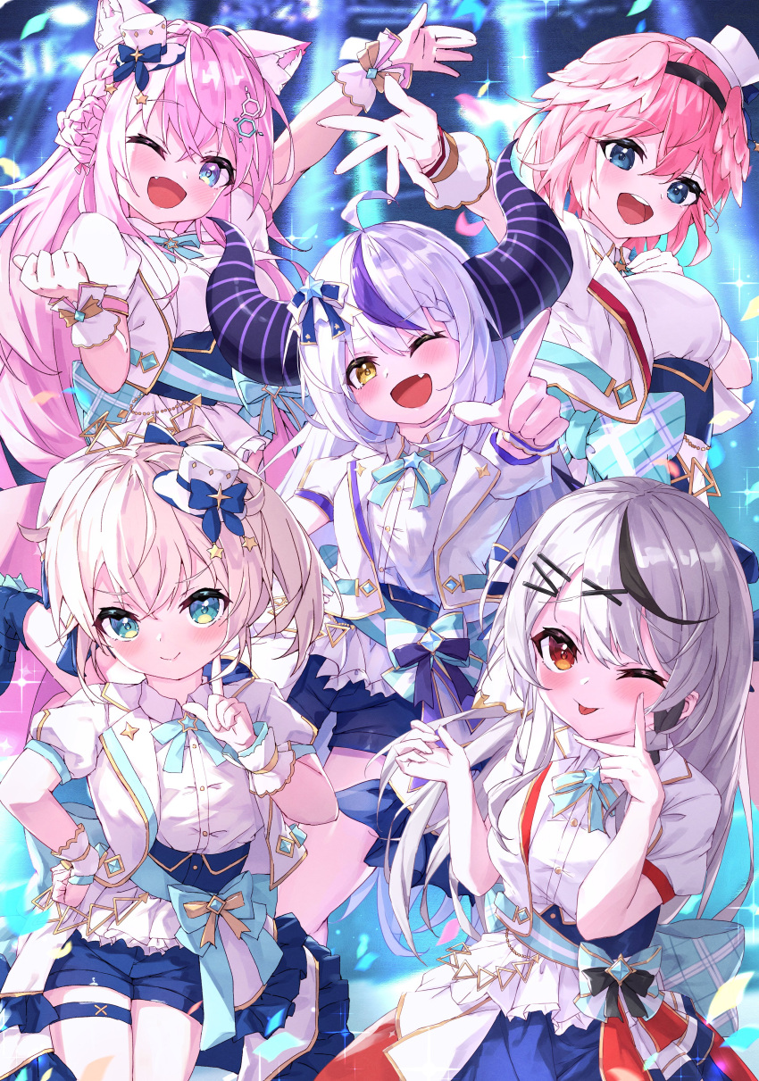 5girls :&gt; :p absurdres ahoge animal_ear_fluff animal_ears antenna_hair black_hair black_horns blonde_hair blue_eyes braid braided_bangs fang grey_hair hair_ornament hakui_koyori hexagon_hair_ornament highres hololive hololive_idol_uniform_(bright) holox horns kazama_iroha la+_darknesss looking_at_viewer masaki_(msk064) multicolored_hair multiple_girls official_alternate_costume one_eye_closed open_mouth pink_hair pointy_ears ponytail purple_hair red_eyes sakamata_chloe streaked_hair striped_horns takane_lui tongue tongue_out virtual_youtuber wolf_ears wolf_girl x_hair_ornament