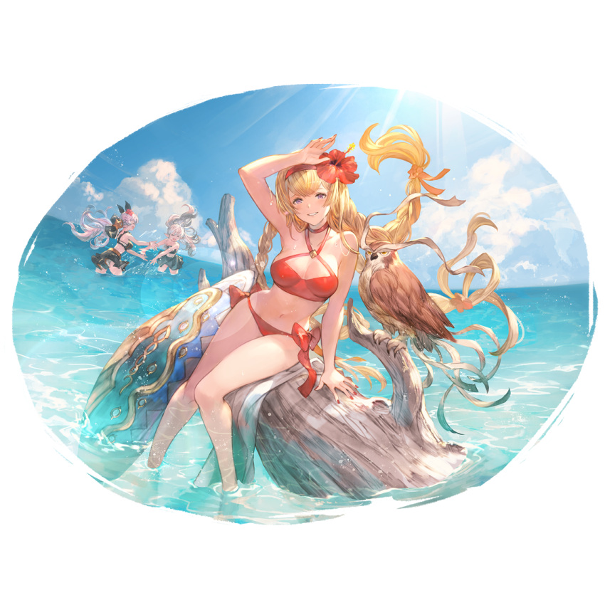 3girls animal athena_(granblue_fantasy) bikini bird blonde_hair braid breasts cloud flower granblue_fantasy hair_flower hair_ornament hairband long_hair medusa_(shingeki_no_bahamut) minaba_hideo multiple_girls ocean official_art owl pointy_ears purple_eyes red_bikini ribbon satyr_(granblue_fantasy) shield sitting swimsuit third-party_source transparent_background twin_braids white_hair