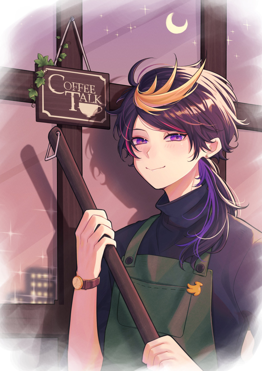 1boy absurdres ahoge apron black_hair black_shirt blonde_hair building closed_mouth commentary crescent_moon english_commentary eyelashes green_apron hair_over_shoulder hand_up highres holding indoors long_hair looking_at_viewer male_focus mochigome_(yum) moon multicolored_hair night nijisanji nijisanji_en parted_bangs pink_hair pocket purple_eyes purple_hair shirt shu_yamino sidelocks sign sky smile solo star_(sky) starry_sky streaked_hair swept_bangs turtleneck upper_body virtual_youtuber watch window wristwatch