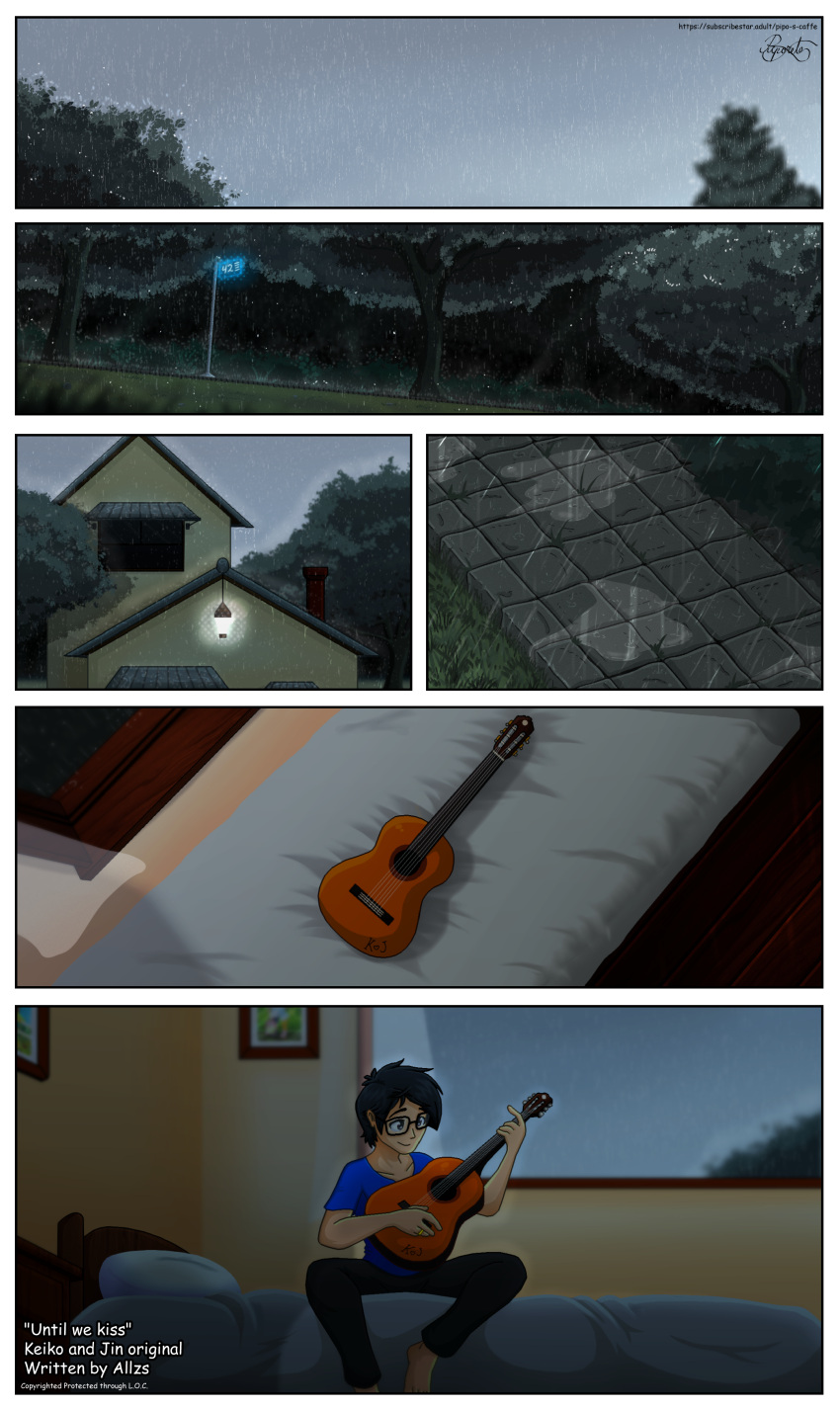 absurd_res bed building clothed clothing cloudy comic detailed_background digital_drawing_(artwork) digital_media_(artwork) english_text eyewear furniture glasses grass guitar hi_res house human inside jin_yorushika male mammal multiple_scenes musical_instrument nature outside piporete plant plucked_string_instrument raining scenery signature solo string_instrument teenager text tree url water wet young