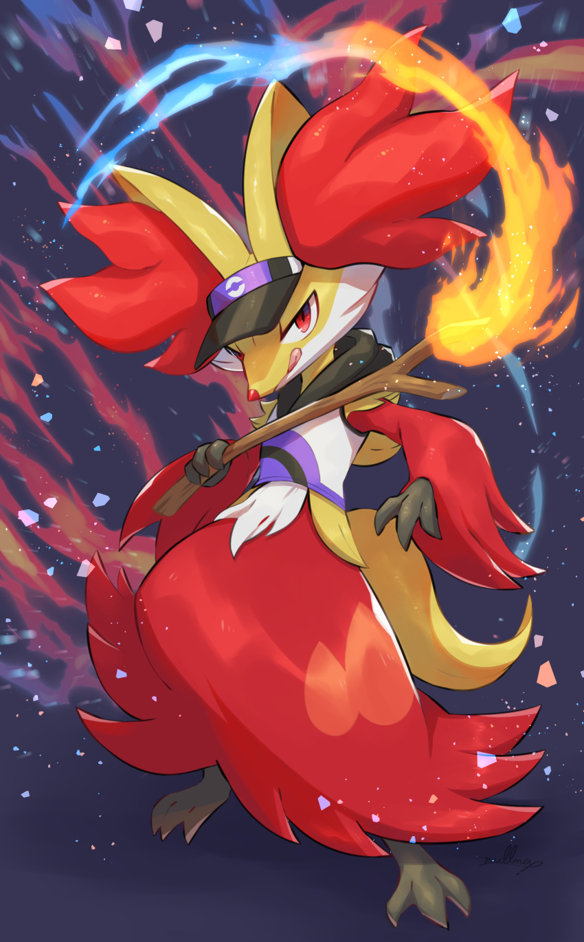 :q absurdres artist_name black_headwear blue_fire closed_mouth clothed_pokemon commentary_request delphox fire flame full_body grey_background hat highres holding holding_stick hood hood_down hoodie licking_lips looking_at_viewer no_humans nullma pokemon pokemon_(creature) pokemon_(game) pokemon_unite red_eyes signature simple_background sleeveless sleeveless_hoodie smile standing stick tongue tongue_out v-shaped_eyebrows visor_cap