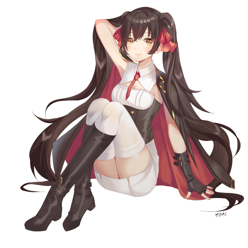 1girl absurdres arm_behind_head black_gloves boots breasts brown_hair cape cleavage commentary crossed_ankles fingerless_gloves full_body girls'_frontline gloves hair_ribbon highres kimi_(jxrm5387) knee_boots knees_up long_hair looking_at_viewer medium_breasts necktie orange_eyes red_necktie red_ribbon ribbon sitting smile solo thighhighs twintails type_97_(girls'_frontline) very_long_hair white_thighhighs