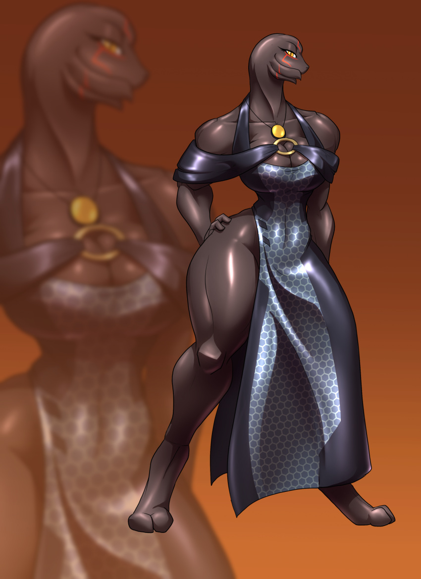 2023 2_toes alien big_breasts black_clothing black_dress breasts cleavage clothed clothing dress feet female glistening glistening_body glistening_clothing glistening_dress halo_(series) hand_on_hip hi_res looking_at_viewer markings microsoft orange_background red_markings sangheili side_slit simple_background solo thick_thighs toes toughset xbox_game_studios xyda yellow_eyes