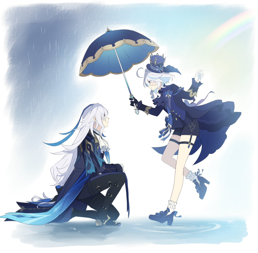 1boy 1girl ahoge ascot asymmetrical_gloves black_bow black_footwear black_gloves black_pants black_shorts blue_ascot blue_bow blue_coat blue_eyes blue_footwear blue_gemstone blue_hair blue_headwear blue_jacket blue_sky blue_umbrella blush boots bow closed_mouth cloud coat commentary eye_contact eyelashes frilled_sleeves frills furina_(genshin_impact) gem genshin_impact gloves hair_between_eyes hair_bow hair_intakes hands_up hat hat_bow high_heels highres holding holding_umbrella jacket kneeling leg_up long_hair long_sleeves looking_at_another low-tied_long_hair mismatched_gloves multicolored_hair neuvillette_(genshin_impact) on_one_knee overcast pants profile purple_eyes rain rainbow shirase_(shirose) short_hair shorts sidelocks simple_background sky sleeve_cuffs smile socks streaked_hair thigh_strap tilted_headwear top_hat umbrella very_long_hair water wet wet_hair white_ascot white_background white_gloves white_hair white_socks