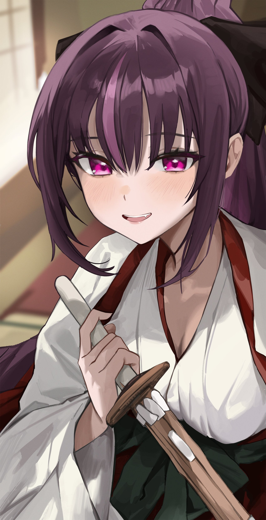 1girl absurdres black_bow blush bow breasts cleavage commentary hair_bow highres holding_shinai indoors japanese_clothes jururu kendo long_hair long_sleeves looking_at_viewer multicolored_hair ori_(0rizuru) purple_eyes purple_hair shinai sidelocks smile solo streaked_hair sword two-tone_hair uwagi virtual_youtuber waktaverse weapon wide_sleeves