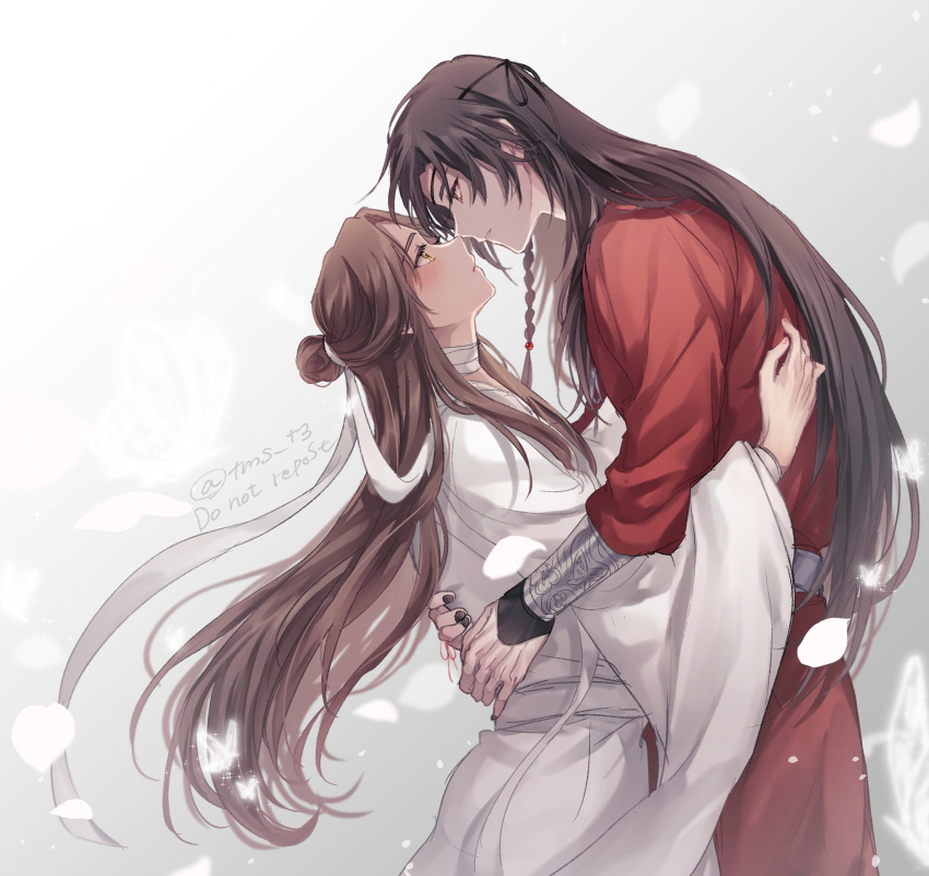 2boys artist_name bandaged_neck bandages bishounen black_hair black_nails blush braid brown_eyes brown_hair bug butterfly chinese_clothes commentary_request eye_contact eyelashes eyepatch falling_petals fingernails glowing_butterfly grey_background hair_bun hair_ribbon hanfu highres hua_cheng hug long_hair long_sleeves looking_at_another looking_down looking_up male_focus multiple_boys nail_polish parted_bangs parted_lips petals ponzu_(tms_t3) profile red_robe ribbon robe sash side_braid sidelocks simple_background single_braid single_hair_bun tianguan_cifu twitter_username vambraces very_long_hair white_background white_ribbon white_robe white_sash wide_sleeves xie_lian yaoi