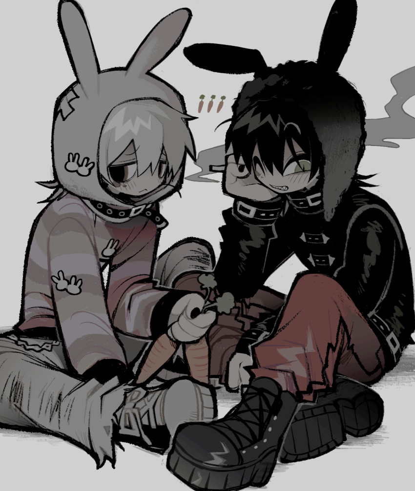 2boys animal_ears animal_hat black_eyes black_footwear black_hair black_nails black_sweater boots carrot cigarette clenched_teeth closed_mouth dark_konoha dual_persona hat highres holding holding_cigarette kagerou_project konoha_(kagerou_project) long_sleeves looking_at_viewer multiple_boys one_eye_closed pants rabbit_ears rabbit_hat red_pants sharp_teeth shoes simple_background sitting smoke sneakers striped striped_sweater sweater teeth tonkatsu184 white_background white_footwear white_hair white_pants yellow_eyes