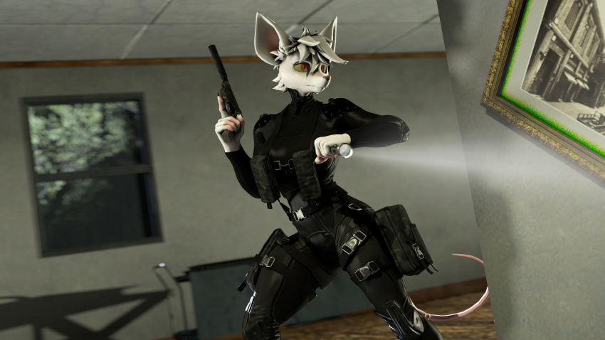 2023 3d_(artwork) 5_fingers anthro black_clothing black_nose clothing digital_media_(artwork) female fingers fur gun hair handgun hi_res holding_flashlight holding_gun holding_handgun holding_object holding_pistol holding_weapon inside mammal murid murine officer_flint_(foretbwat) pistol ranged_weapon rat red_eyes rodent silencer solo source_filmmaker tactical_gear weapon white_body white_fur white_hair window woofersfm