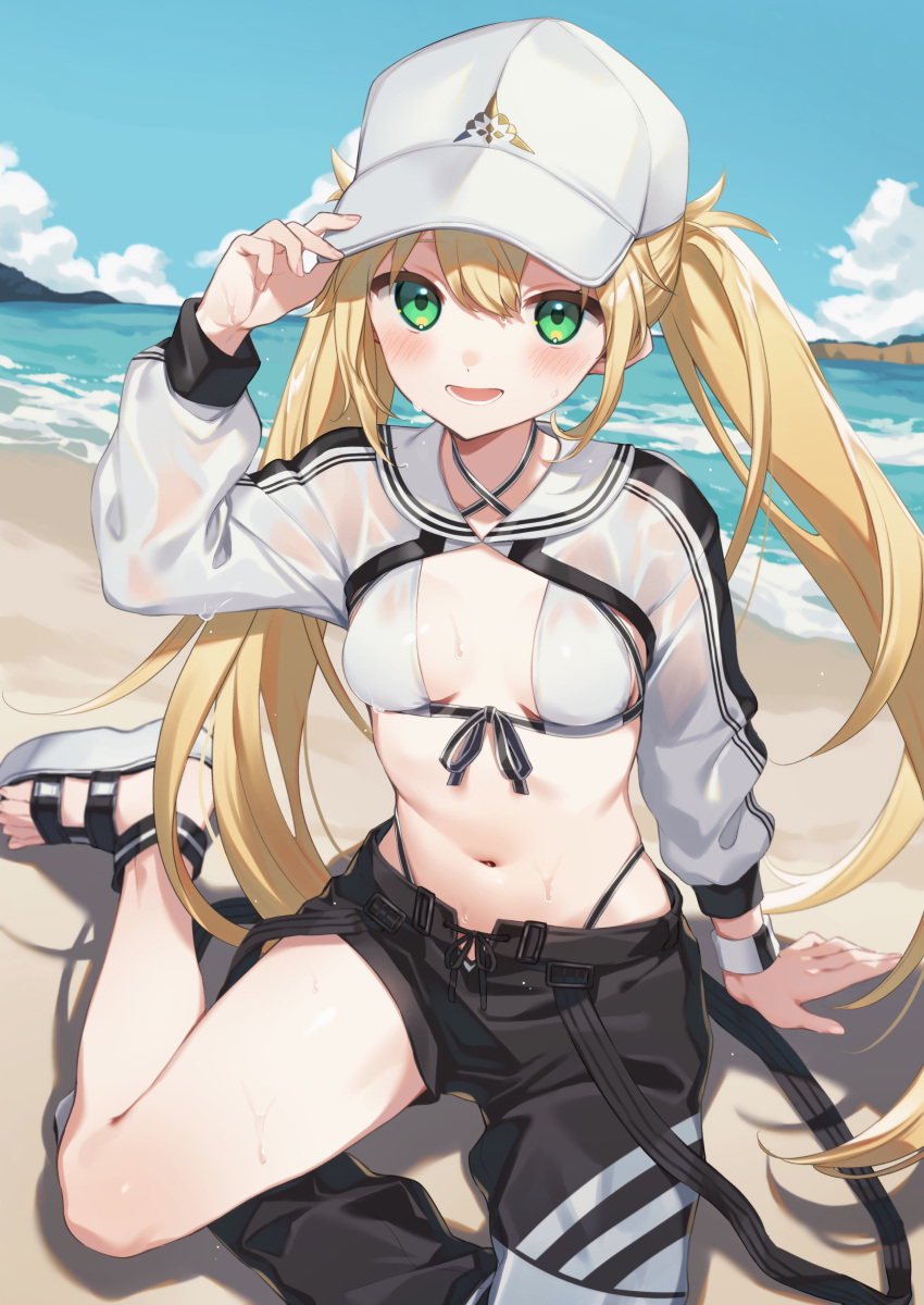 1girl absurdres artoria_caster_(fate) artoria_caster_(swimsuit)_(fate) artoria_pendragon_(fate) asymmetrical_clothes baseball_cap beach bikini black_pants blonde_hair blue_sky blush breasts citron_82 cropped_jacket fate/grand_order fate_(series) feet green_eyes hat highres jacket legs long_hair long_sleeves looking_at_viewer navel open_mouth pants sandals shore shrug_(clothing) single_pantsleg sitting sky small_breasts smile solo swimsuit toenails toes twintails white_bikini white_headwear white_jacket wristband