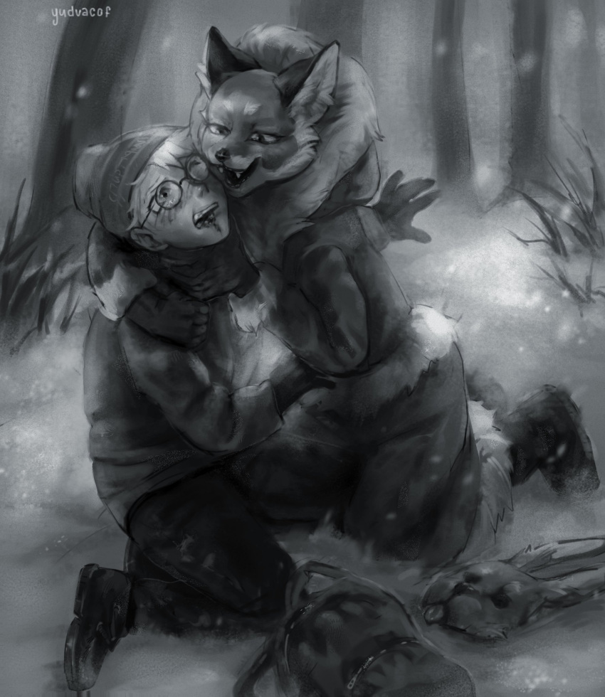 2023 alice_the_vixen anthro anton_petrov biped blood blood_on_face bodily_fluids branch canid canine captured claws clothing digital_media_(artwork) duo embrace eyewear female forest fox fur_collar glasses gloves greyscale handwear hi_res hug human looking_down male mammal monochrome open_mouth open_smile outside plant round_glasses smile tiny_bunny tree ydvavofi young young_male