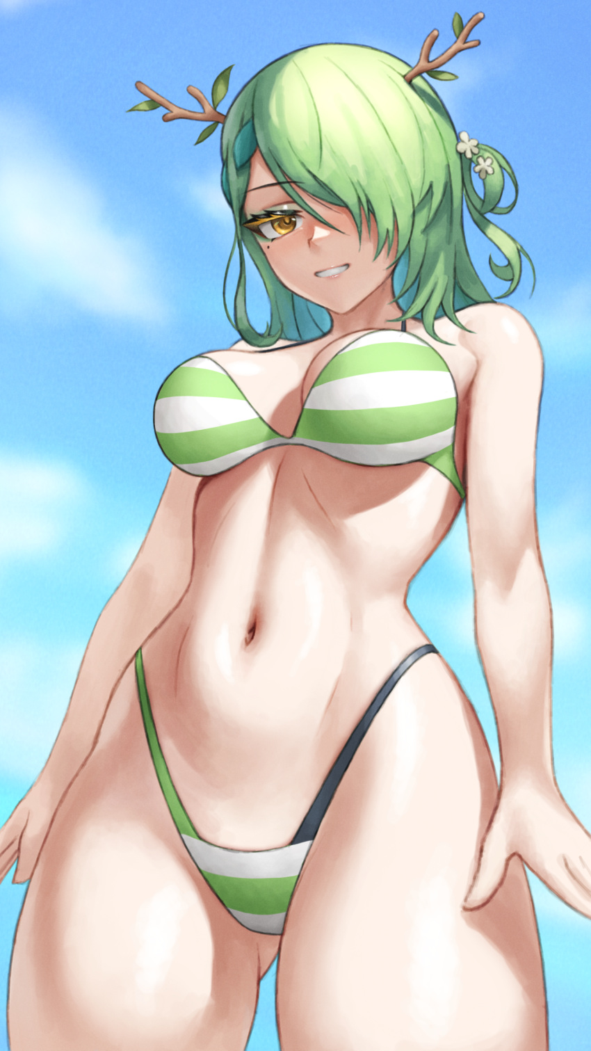 1girl absurdres ass_visible_through_thighs bikini braid braided_bangs branch breasts ceres_fauna cleavage eyeshadow flower gradient_hair green_bikini green_eyeshadow green_hair hair_flower hair_ornament hair_over_one_eye highleg highleg_bikini highres hololive hololive_english long_hair looking_at_viewer looking_down makeup medium_breasts mole mole_under_eye multicolored_hair navel one_eye_covered one_side_up single_braid skylock smile solo stomach swimsuit thighs virtual_youtuber yellow_eyes