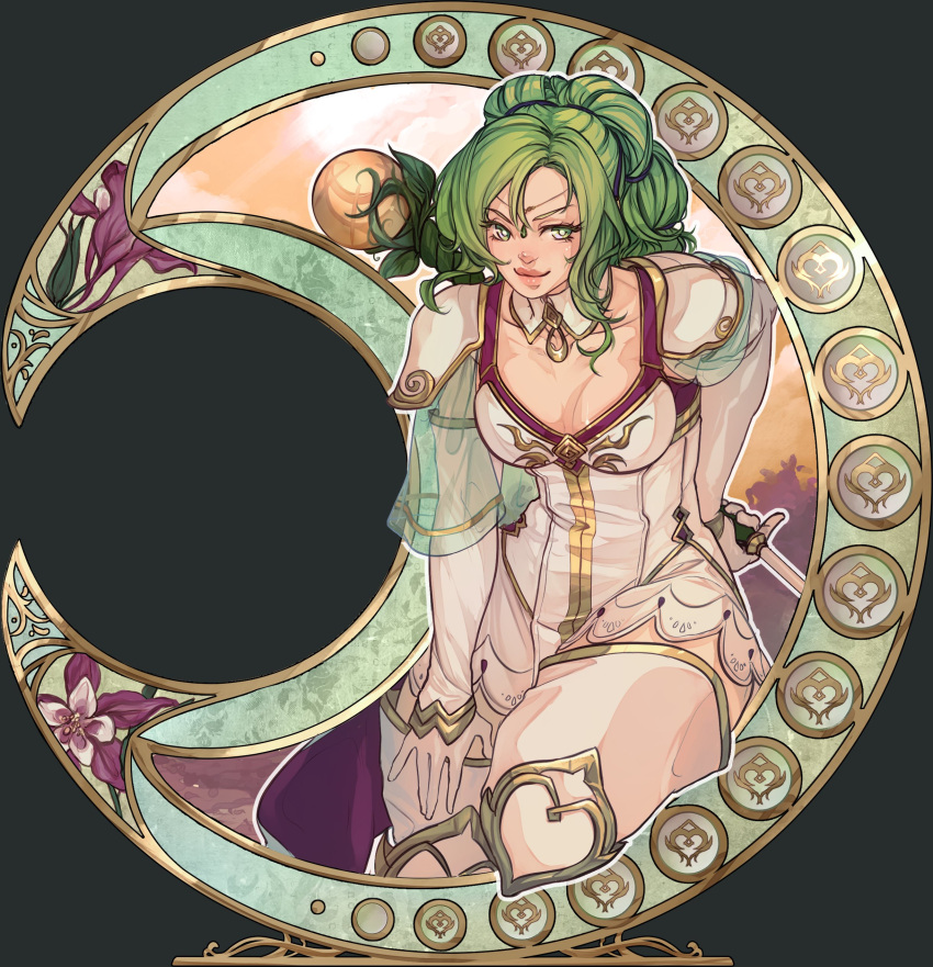1girl absurdres breasts circlet cleavage dress elbow_gloves fire_emblem fire_emblem:_the_sacred_stones gloves green_eyes hand_on_own_leg highres holding holding_staff iaurencin jewelry knee_up l'arachel_(fire_emblem) lips looking_at_viewer medium_breasts multi-tied_hair parted_hair pendant see-through see-through_sleeves smile solo staff v-shaped_eyebrows white_dress white_gloves