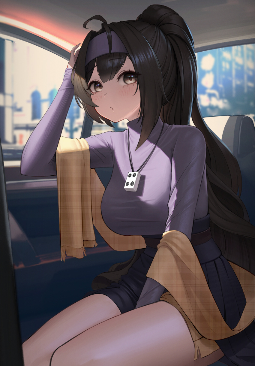 1girl :/ absurdres ahoge arm_up belt between_legs black_belt black_skirt blunt_bangs breasts brown_eyes brown_hair car car_interior closed_mouth commission feet_out_of_frame hair_between_eyes hair_intakes hairband hand_between_legs hand_on_own_head hantata highres jewelry large_breasts legs_together light_blush long_hair long_sleeves looking_at_viewer mahjong mahjong_tile miniskirt motor_vehicle necklace original plaid plaid_scarf pleated_skirt ponytail purple_hairband purple_shirt scarf shirt sidelocks sitting skirt solo thighs turtleneck very_long_hair yellow_scarf