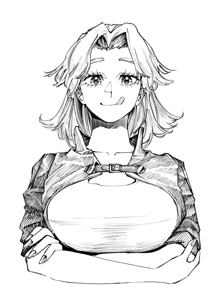 1girl breasts collarbone cropped_torso crossed_arms greyscale highres jacket large_breasts licking_lips looking_at_viewer medium_hair monochrome odoru_issei original portrait shirt smile solo tongue tongue_out white_background