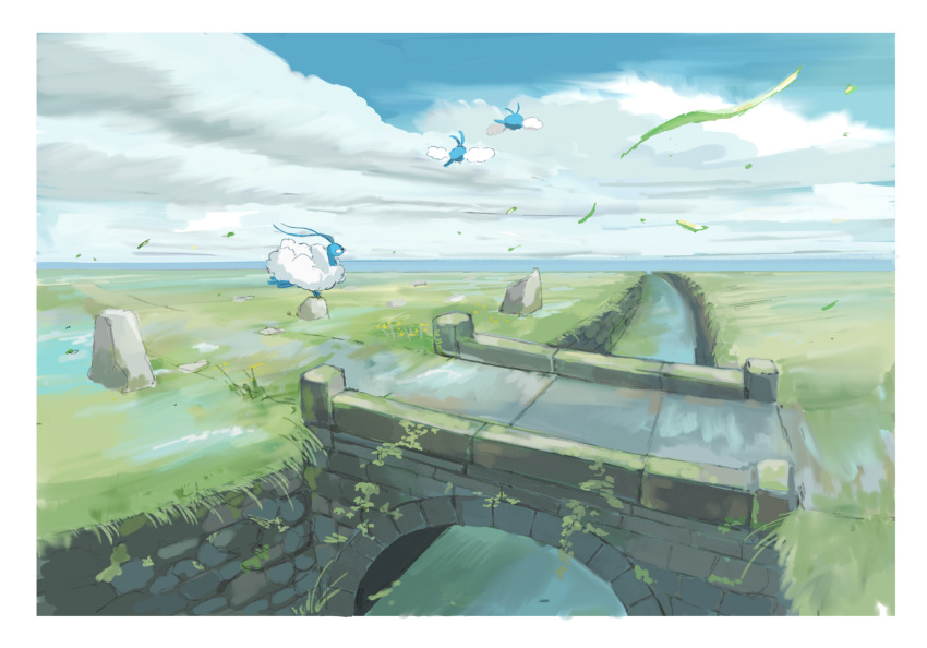 altaria border bridge canal cloud commentary_request day evolutionary_line falling_leaves grass highres leaf momota_pix no_humans outdoors pokemon pokemon_(creature) sky swablu water white_border