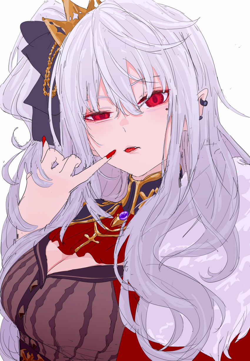 1girl bags_under_eyes black_hairband black_ribbon breasts cleavage cleavage_cutout clothing_cutout cross cross_necklace crown curly_hair ear_piercing earrings fang finger_to_mouth fur_trim genderswap genderswap_(mtf) grey_hair hair_ribbon hairband hand_on_own_face highres jewelry kuzuha_(nijisanji) large_breasts long_hair long_sleeves looking_at_viewer medium_breasts mole mole_under_eye nail_polish necklace nijisanji obihironn official_alternate_costume open_mouth piercing pointy_ears red_eyes red_nails ribbon sanya_(kuzuha) side_ponytail solo tail tongue tongue_out upper_body vampire virtual_youtuber white_hair
