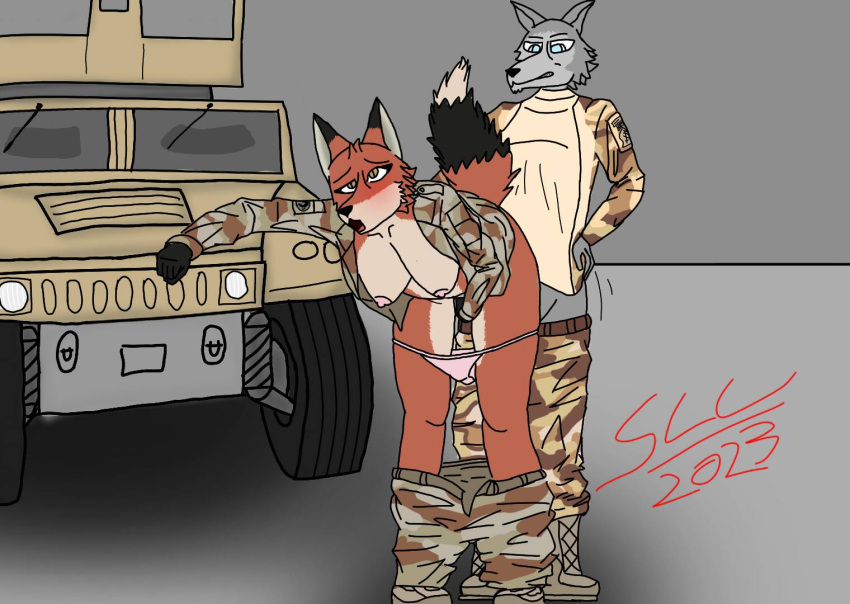 anthro bad_2_bad:_extinction big_breasts blush breasts canid canine canis car clothed clothing digital_media_(artwork) duo female female_penetrated fox fur isabella_fox looking_pleasured male male/female male_penetrating male_penetrating_female mammal military military_uniform nipples open_mouth penetration red_fox sex silvialikescherries simple_background uniform vehicle wolf