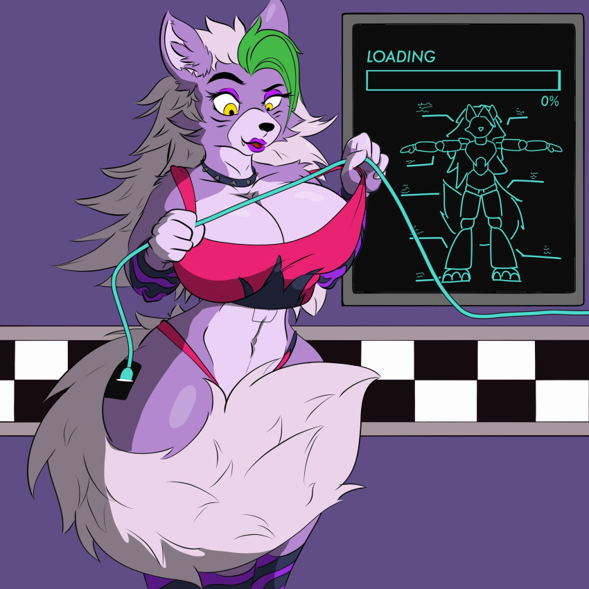 anthro arm_warmers armwear big_breasts big_butt big_tail bottomwear breasts butt canid canine canis clothing collar female five_nights_at_freddy's five_nights_at_freddy's:_security_breach fluffy fluffy_tail fur green_hair hair hi_res leg_warmers legwear lipstick machine makeup mammal multicolored_body multicolored_fur multicolored_hair navel oleanderin purple_body purple_fur purple_lipstick red_bottomwear red_clothing red_topwear robot roxanne_wolf_(fnaf) scottgames solo spiked_collar spikes steel_wool_studios tail thick_thighs topwear white_hair wolf yellow_eyes