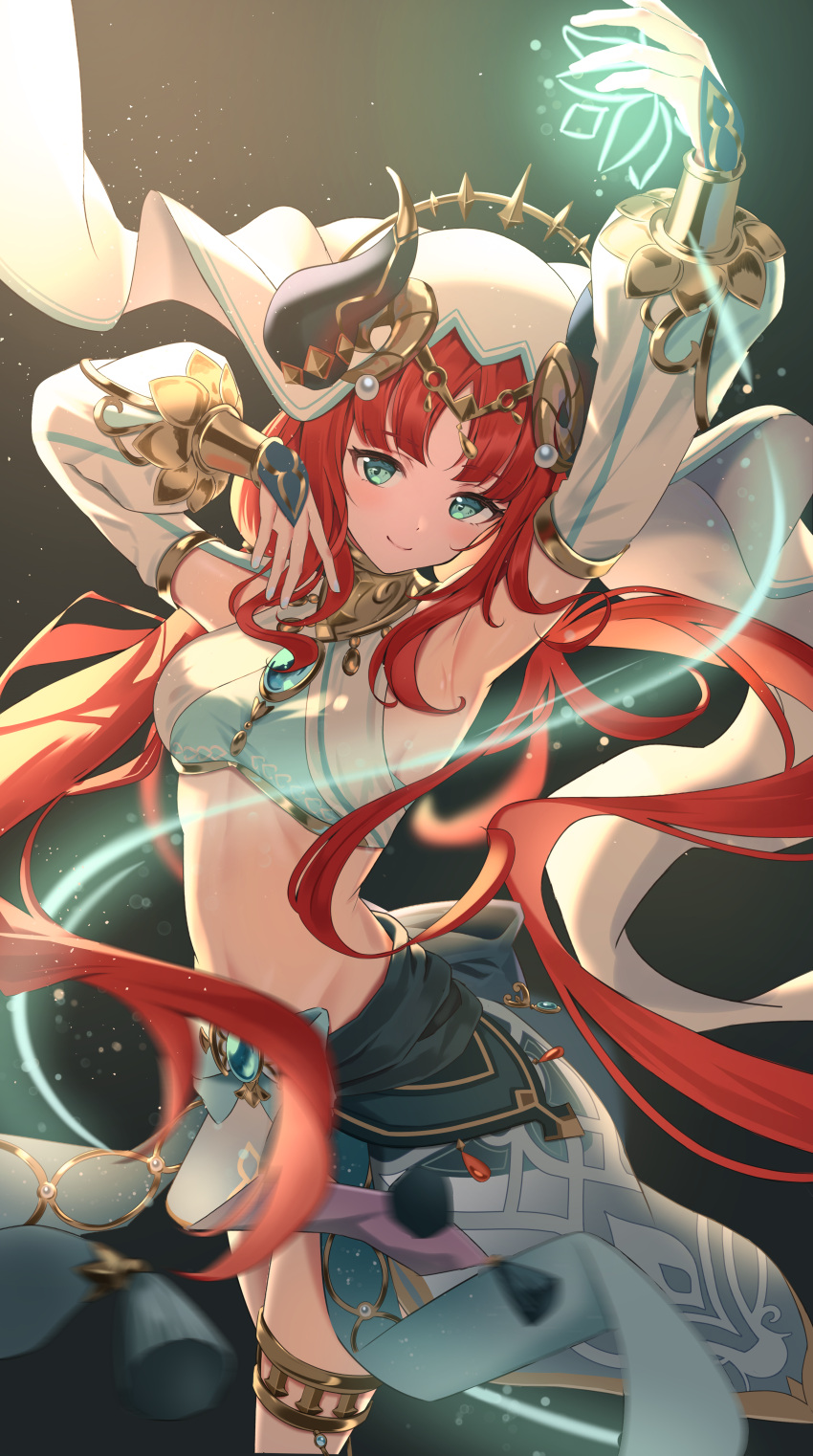 1girl absurdres arm_up armpits blue_eyes breasts bridal_gauntlets closed_mouth dancer detached_sleeves fake_horns genshin_impact highres horns komiya_latte long_hair looking_at_viewer nilou_(genshin_impact) red_hair revision small_breasts smile solo standing twintails very_long_hair