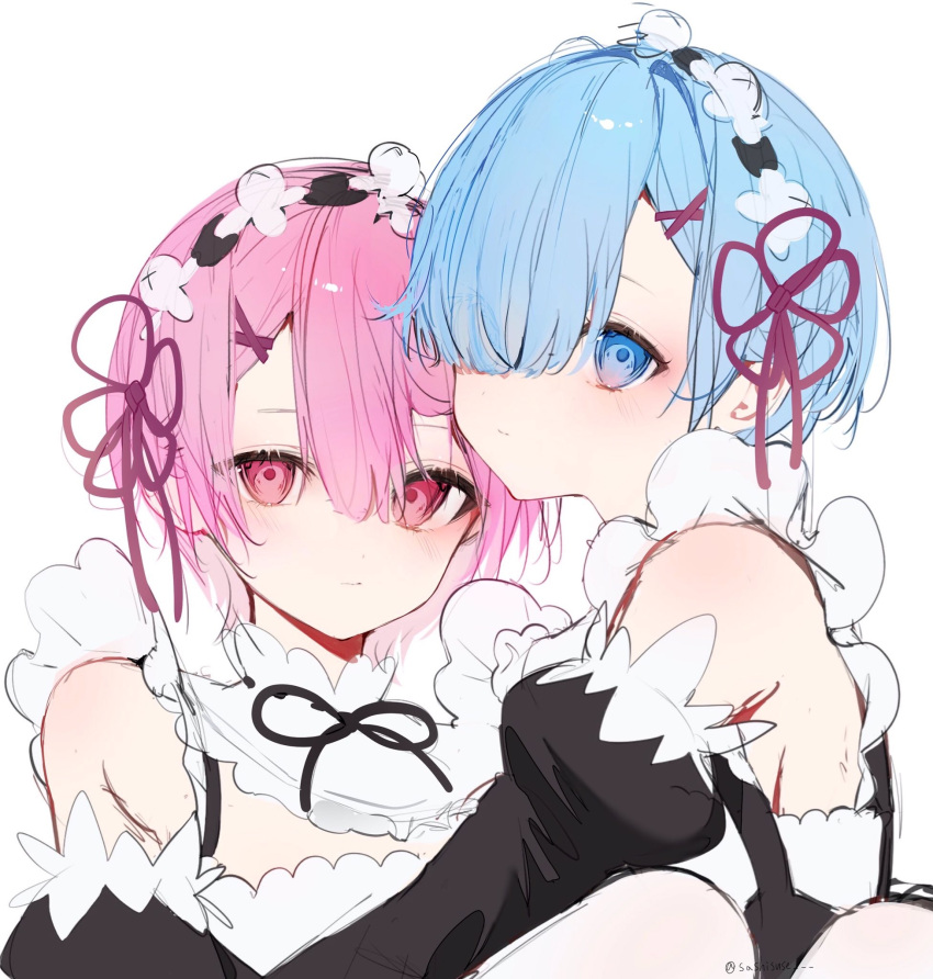 2girls bare_shoulders black_ribbon blue_hair commentary detached_sleeves flower_knot hair_ornament hair_ribbon highres hug juliet_sleeves long_sleeves maid_headdress multiple_girls neck_ribbon pink_eyes pink_hair puffy_sleeves ram_(re:zero) re:zero_kara_hajimeru_isekai_seikatsu rem_(re:zero) ribbon roswaal_mansion_maid_uniform short_hair siblings simple_background sisters suashi white_background x_hair_ornament