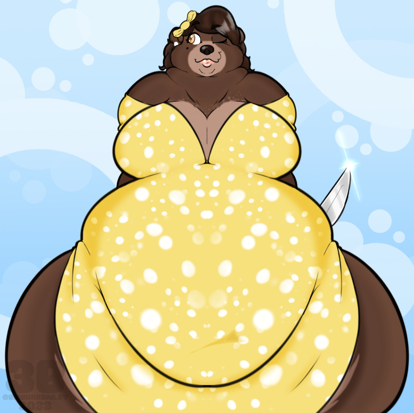 anthro bear beatrice_(bigburrbailey) belly big_belly big_breasts bigburrbailey bow_(disambiguation) breasts brown_bear brown_body brown_fur brown_hair cleavage clothed clothing dress female fur grizzly_bear hair hi_res knife lips mammal markings mole_(marking) orange_eyes overweight pear-shaped_figure pink_lips solo ursine wavy_hair wide_hips yandere